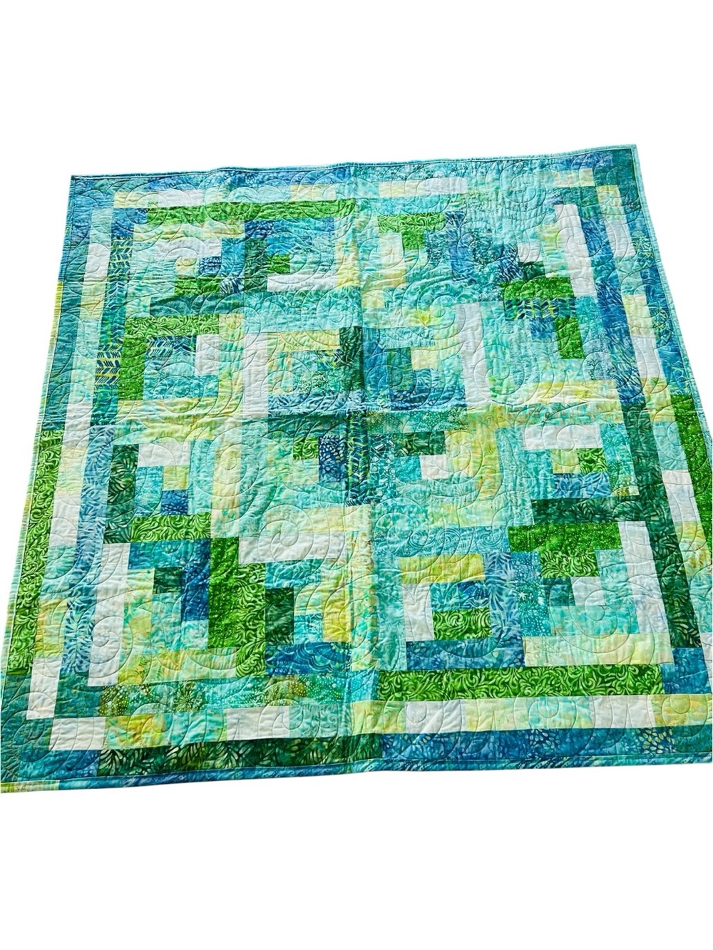 Handmade Batik Log Cabin Quilt 52x52 Blue Green Coastal Lap Quilt Wall Hanging